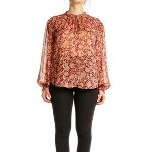 NEW JOIE Smocked Poets Blouse Floral boho Longsleeve Puff sheer red pink flowy S